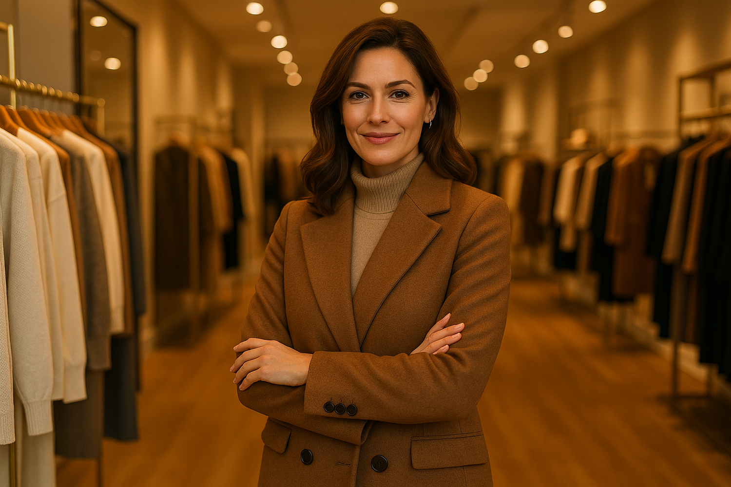 Maak een afbeelding van een mooie dame van 40 die achterin in haar eigen kledingwinkel staat met een mooie wollenjas aan. Graag de dame iets verderop in de winkel plaatsen